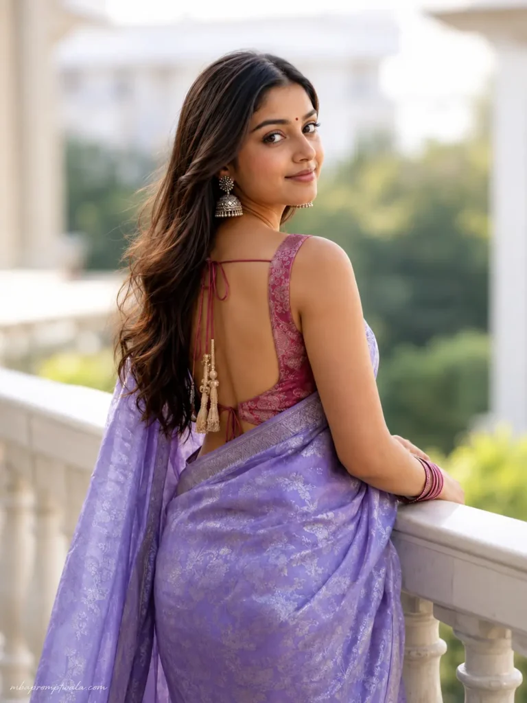 Elegant Lavender Saree Balcony Portrait