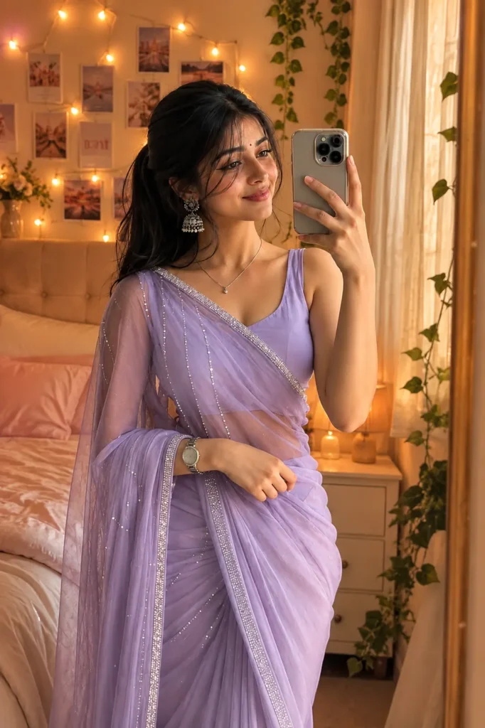 Elegant Lavender Saree Selfie Prompt