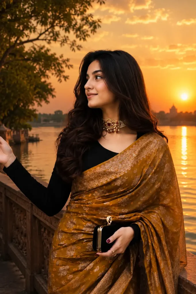 Cinematic Golden Hour Temple Saree Photography Prompt