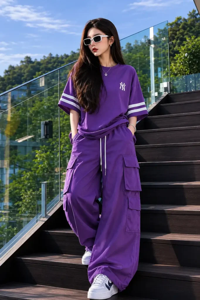 Purple Oversized Streetwear Cargo Outfit AI Photo Prompt