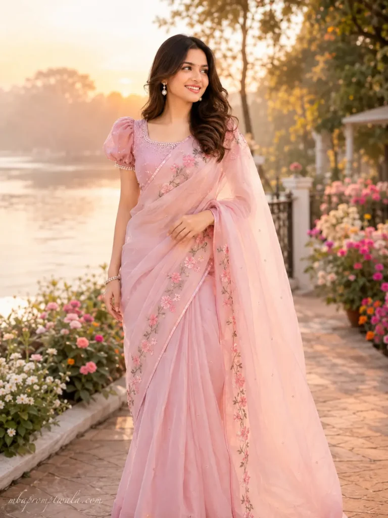 Soft Pink Saree Lakeside Sunrise Look