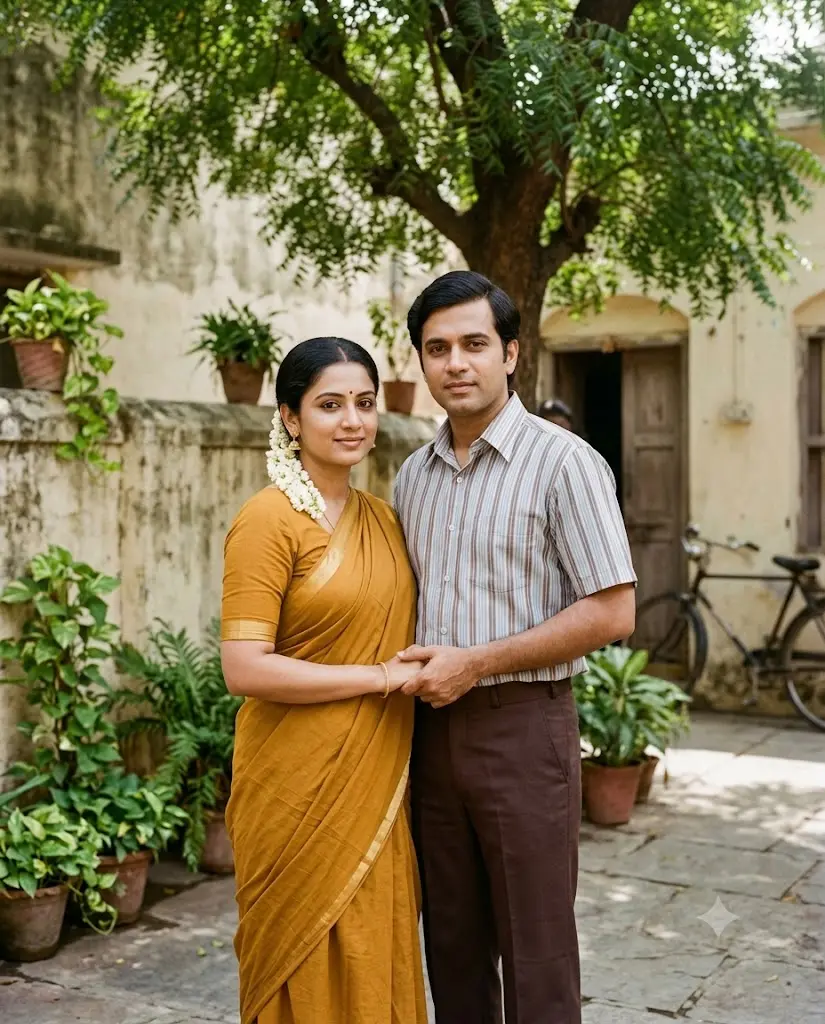 Indian retro couple in traditional saree and kurta