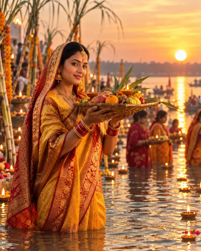 Chhath puja realistic photo prompt at a crowded ghat