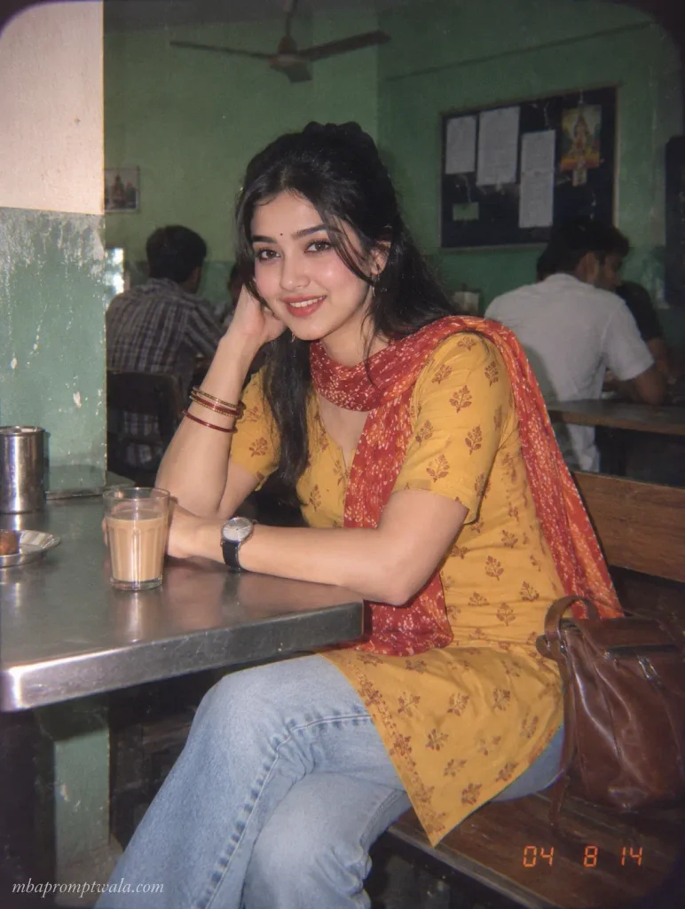 Desi Y2K AI photo of a girl in a short mustard kurti, bootcut jeans and bandhani dupatta in a 2000s Indian college canteen, disposable camera look
