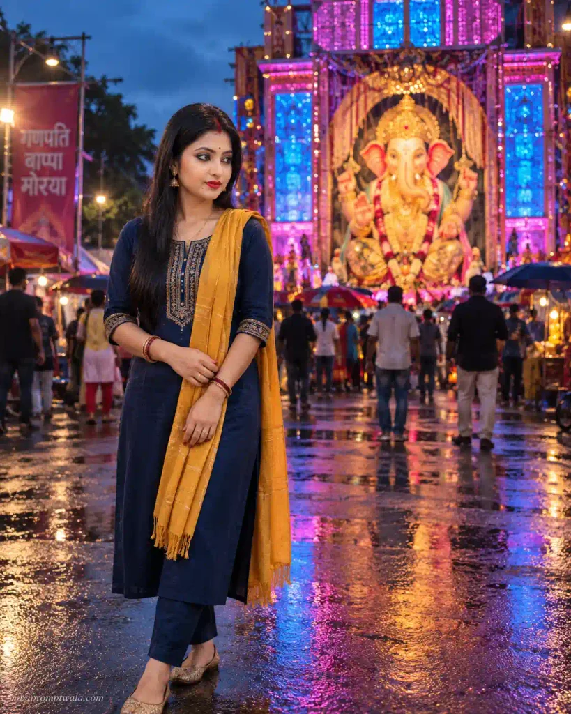 Ganesh chaturthi prompt with a blue hour pandal