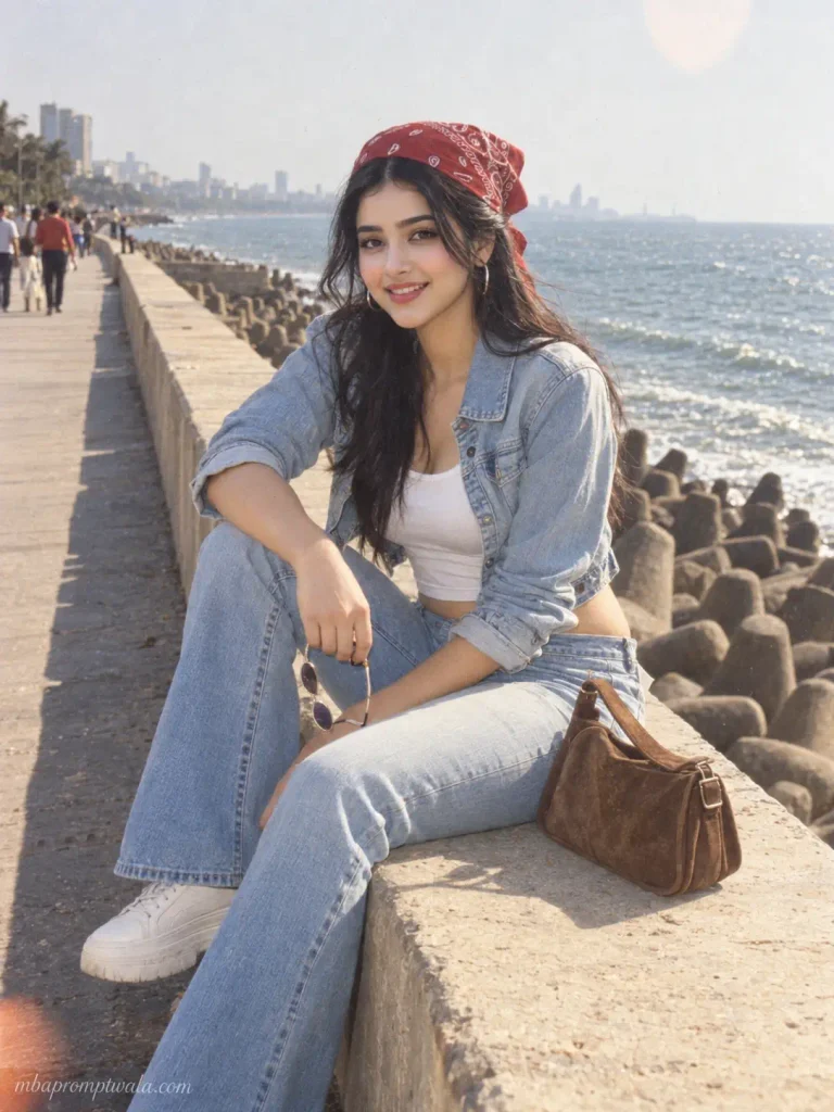 Y2K denim on denim AI portrait of a girl with a paisley bandana on a sea-facing promenade in an Indian city, 35mm film look