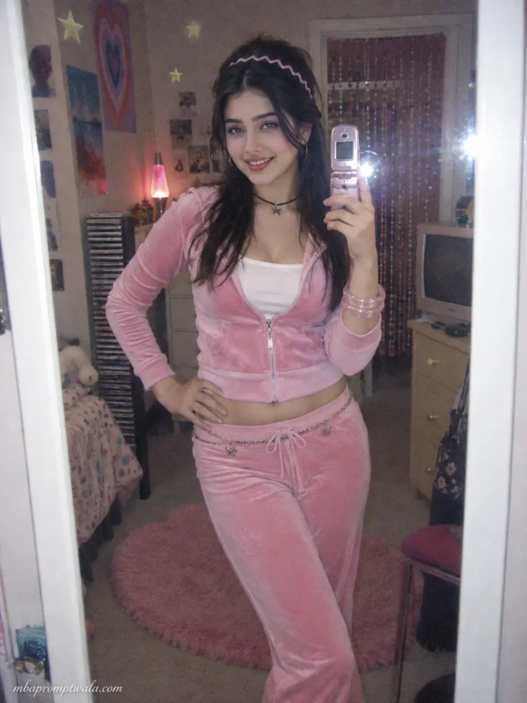 Y2K mirror selfie AI portrait of a girl in a baby pink velour tracksuit holding a silver flip phone in a 2000s bedroom