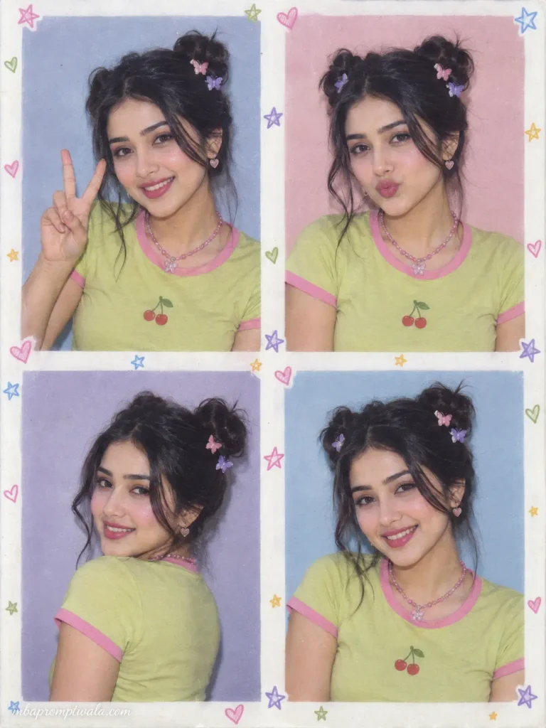 Y2K sticker photo booth AI grid of a girl in a lime green ringer tee with space buns and butterfly clips in 4 poses