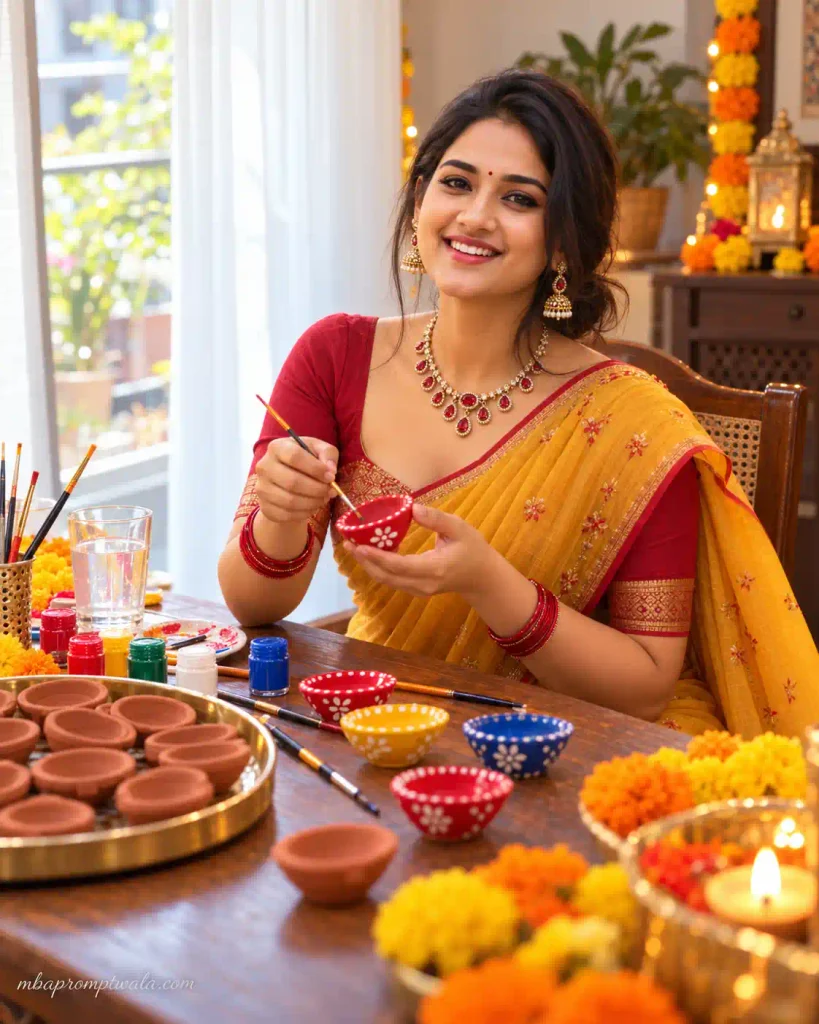 Diwali Saree Photo Prompts for Painting Clay Diyas