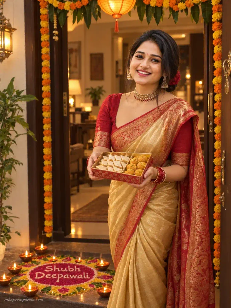 Diwali Saree Photo Prompts for Welcoming Guests