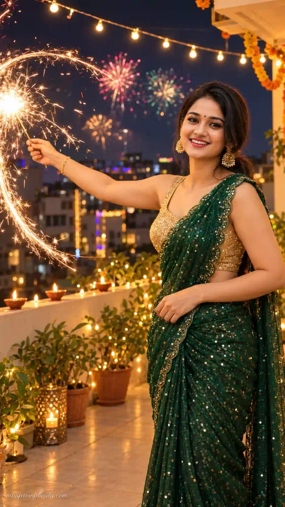 Diwali Saree Photo Prompts with Phuljhadi Lights