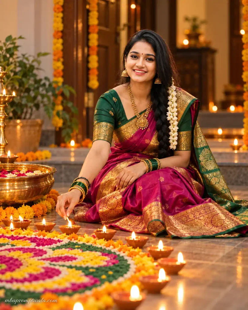 Diwali Saree Photo Prompts_ Lighting Diyas Beside a Fresh Rangoli